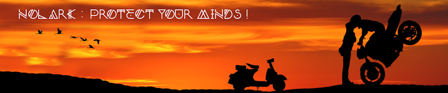 Nolark : Protect your minds ! Cette bannière
                     montre un coucher de soleil avec une femme embrassant un homme réalisant en
                     stoppie sur sa moto.